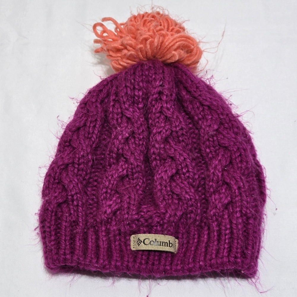 Columbia Pink Multicolor Knit Pom Fleece Lined Winter Beanie‎ Hat Youth O/S